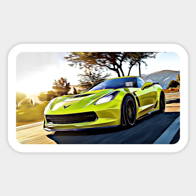 C7 Corvette Yellow Cartoon Drawing Action Print Sticker by Auto-Prints